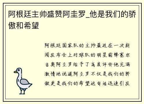 阿根廷主帅盛赞阿圭罗_他是我们的骄傲和希望