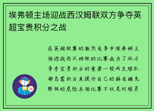 埃弗顿主场迎战西汉姆联双方争夺英超宝贵积分之战